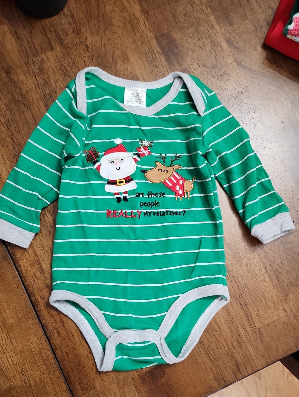 Baby Essentials Green & White Striped Holiday Santa and Reindeer One-Piece